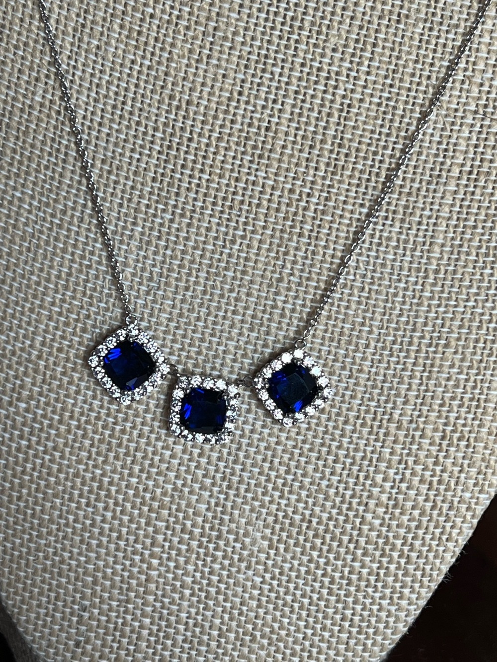 3 stone faux sapphire and diamond 18” silver necklace signed SUN BR